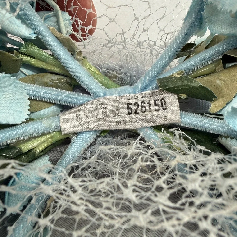 Vintage Union Made Blue Floral Birdcage Veil Headpiece Velvet Bow 526150 USA